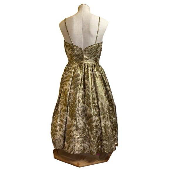 Handmade Gold & Brown Fern Print Dress W/ Crystal-Like Belt Buckle Spaghetti Str - Picture 3 of 8
